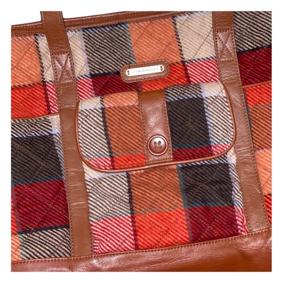 Vera Bradley Canyon Plaid Large Leather Trim Tote Bag w/ Keys Interior Print - Picture 2 of 11
